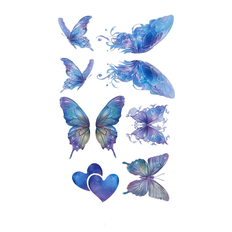 Watercolor butterfly tattoo stickers – 120×76mm sheet with blue and purple butterflies, hearts, and dreamy wing designs by TIDES.