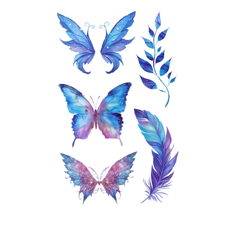 Watercolor galaxy tattoo stickers – 120×76mm sheet with butterfly wings, feather, butterfly, and leafy branch in blue, teal, and purple by TIDES.