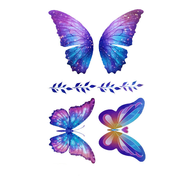 Galaxy-style tattoo stickers – 120×76mm sheet with cosmic butterfly wings, watercolor butterflies, and stylized blue leafy vines by TIDES.