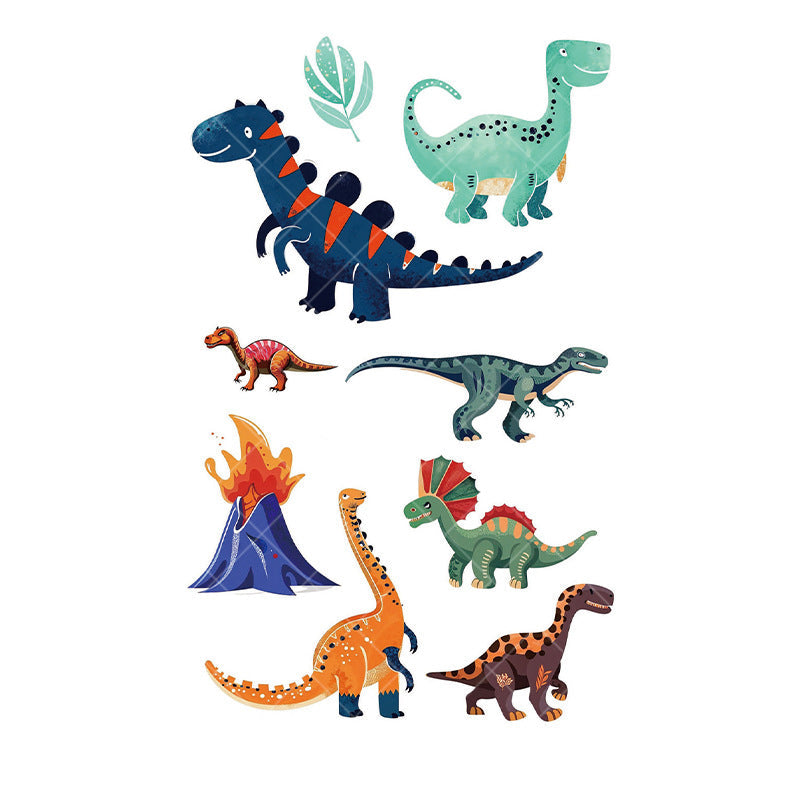 Cartoon dinosaur temporary tattoos for kids – 120×76mm sheet with T-Rex, triceratops, brontosaurus, raptor, and volcano designs by TIDES.