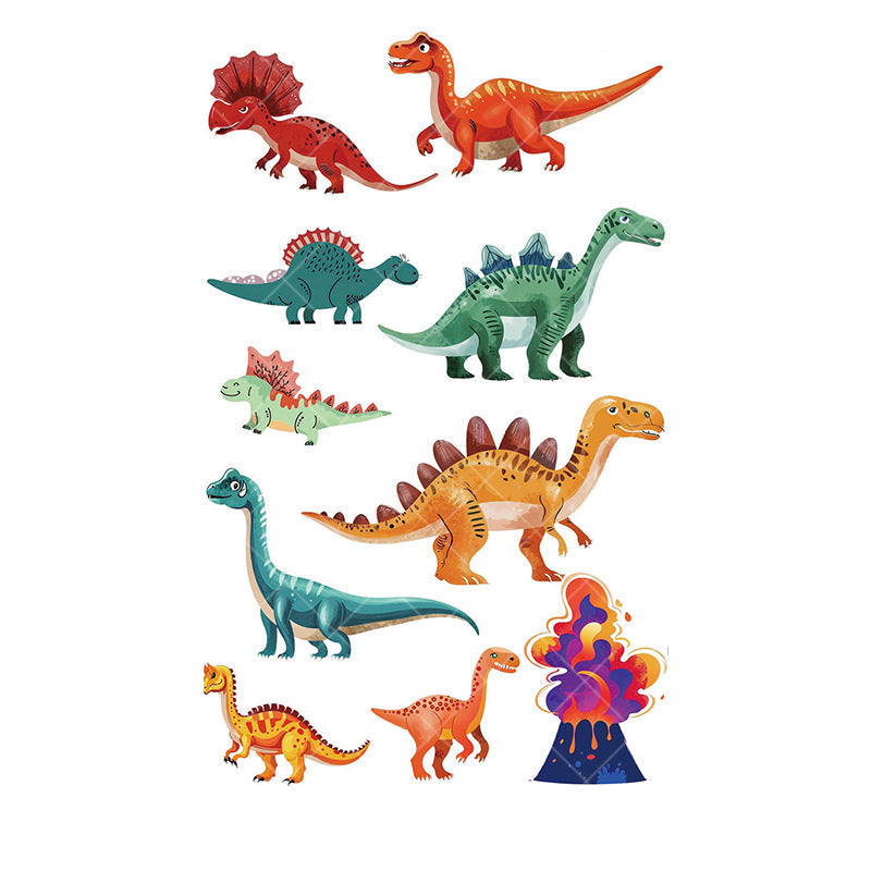 Cartoon dinosaur temporary tattoos for kids – 120×76mm sheet with T-Rex, triceratops, brontosaurus, raptor, and volcano designs by TIDES.