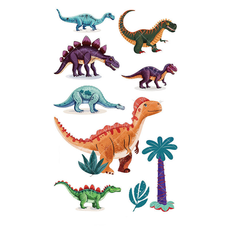 Cartoon dinosaur temporary tattoos for kids – 120×76mm sheet with T-Rex, triceratops, brontosaurus, raptor, and volcano designs by TIDES.