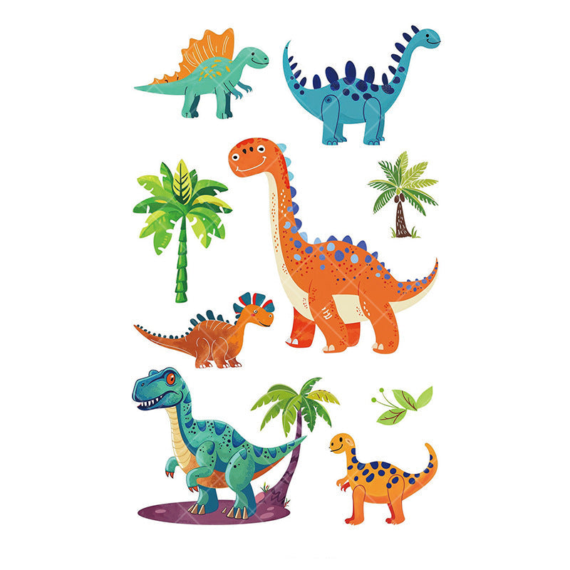 Cartoon dinosaur temporary tattoos for kids – 120×76mm sheet with T-Rex, triceratops, brontosaurus, raptor, and volcano designs by TIDES.