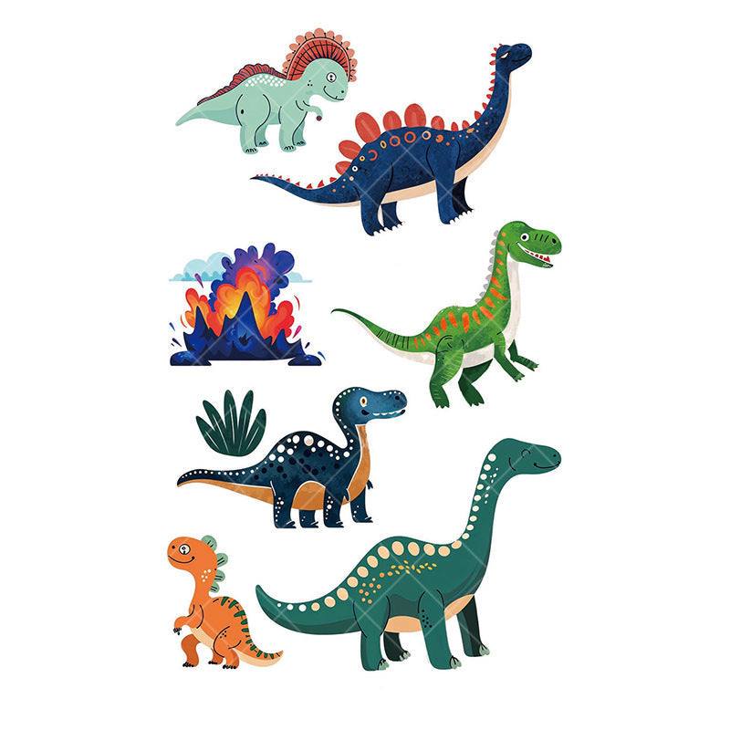 Cartoon dinosaur temporary tattoos for kids – 120×76mm sheet with T-Rex, triceratops, brontosaurus, raptor, and volcano designs by TIDES.