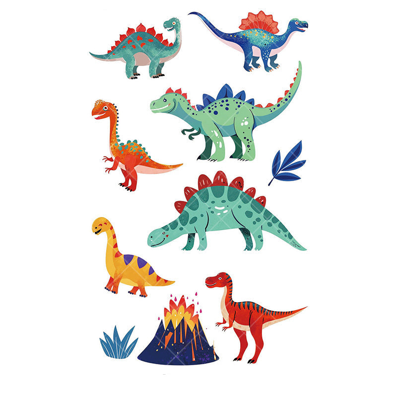 Cartoon dinosaur temporary tattoos for kids – 120×76mm sheet with T-Rex, triceratops, brontosaurus, raptor, and volcano designs by TIDES.