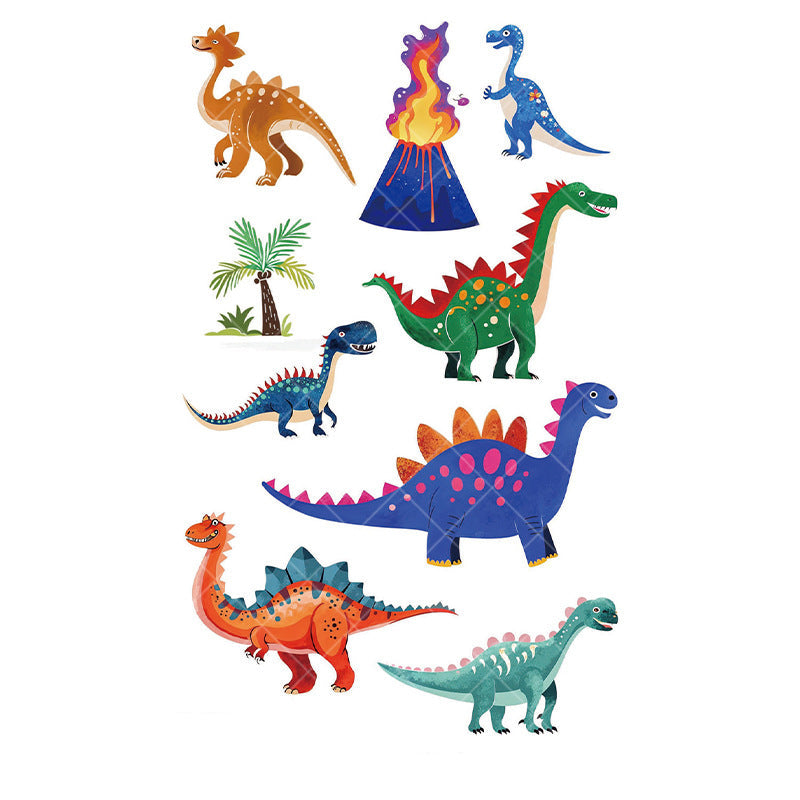 Cartoon dinosaur temporary tattoos for kids – 120×76mm sheet with T-Rex, triceratops, brontosaurus, raptor, and volcano designs by TIDES.