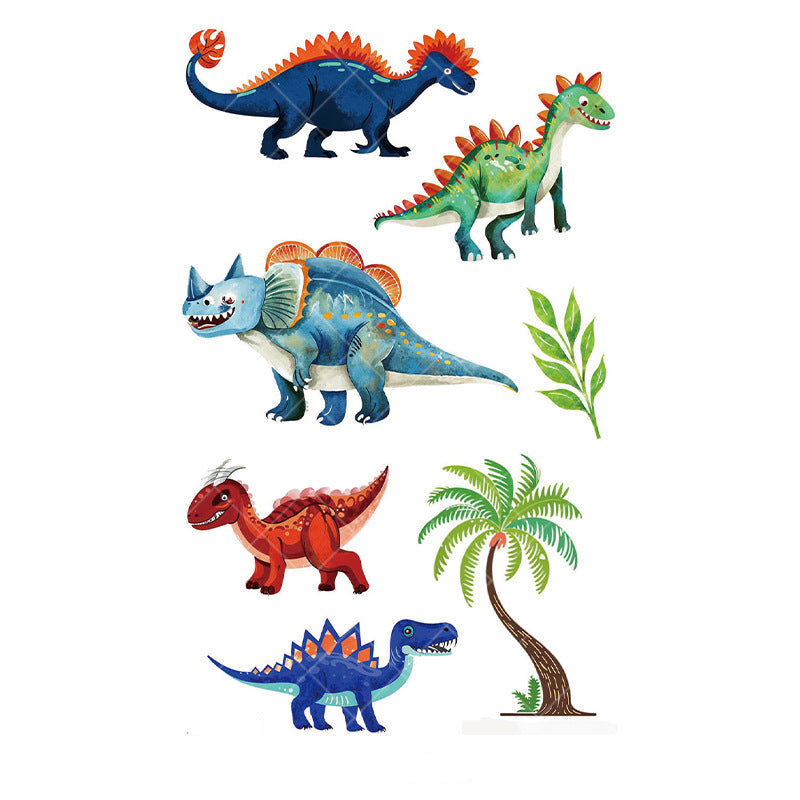 Cartoon dinosaur temporary tattoos for kids – 120×76mm sheet with T-Rex, triceratops, brontosaurus, raptor, designs by TIDES.