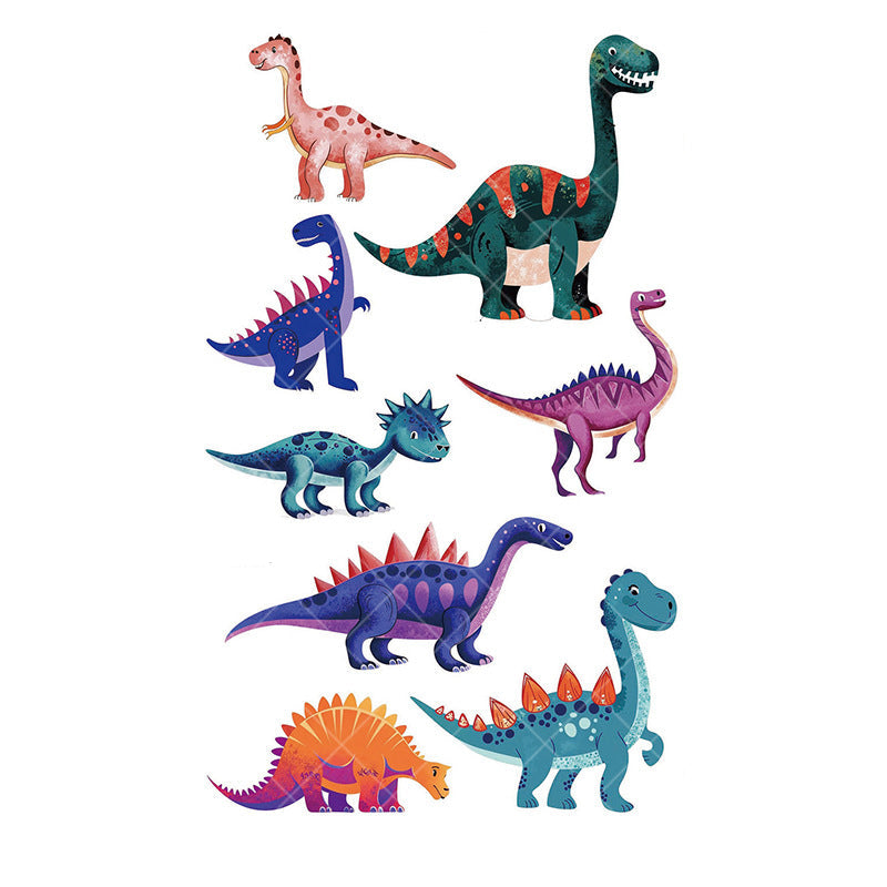 Cartoon dinosaur temporary tattoos for kids – 120×76mm sheet with T-Rex, triceratops, brontosaurus, raptor, designs by TIDES.