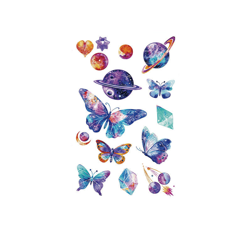 Colourful cosmic butterfly and planet tattoo stickers – 120×76mm sheet with watercolor crystals, gems, and fantasy body art by TIDES.