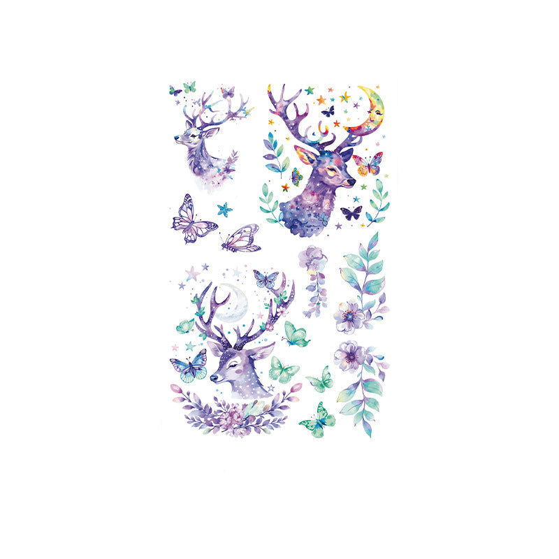 Watercolor deer and celestial temporary tattoo stickers – 120×76mm sheet with moon, butterfly, and floral fantasy body art by TIDES.