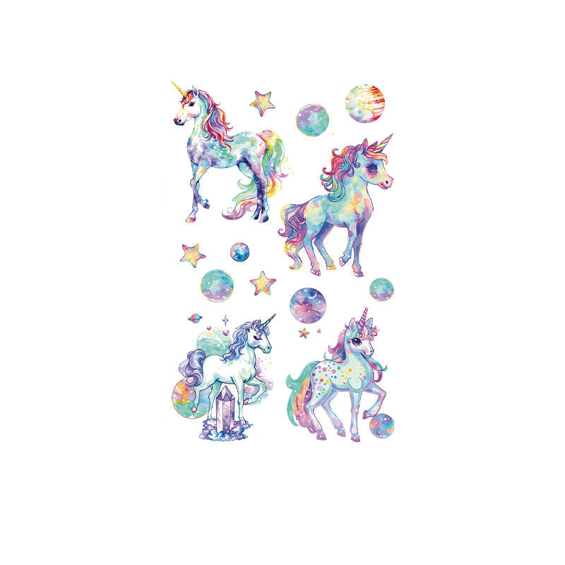 Unicorn temporary tattoos – watercolor rainbow unicorns, stars, and celestial accents on 120×76mm sticker sheet by TIDES.
