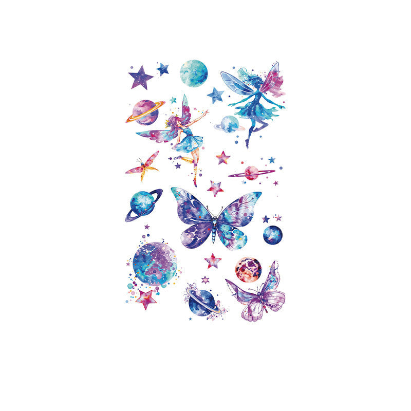 Fairy and galaxy temporary tattoos – watercolor fairies, butterflies, stars, and planets on 120×76mm tattoo sticker sheet by TIDES.