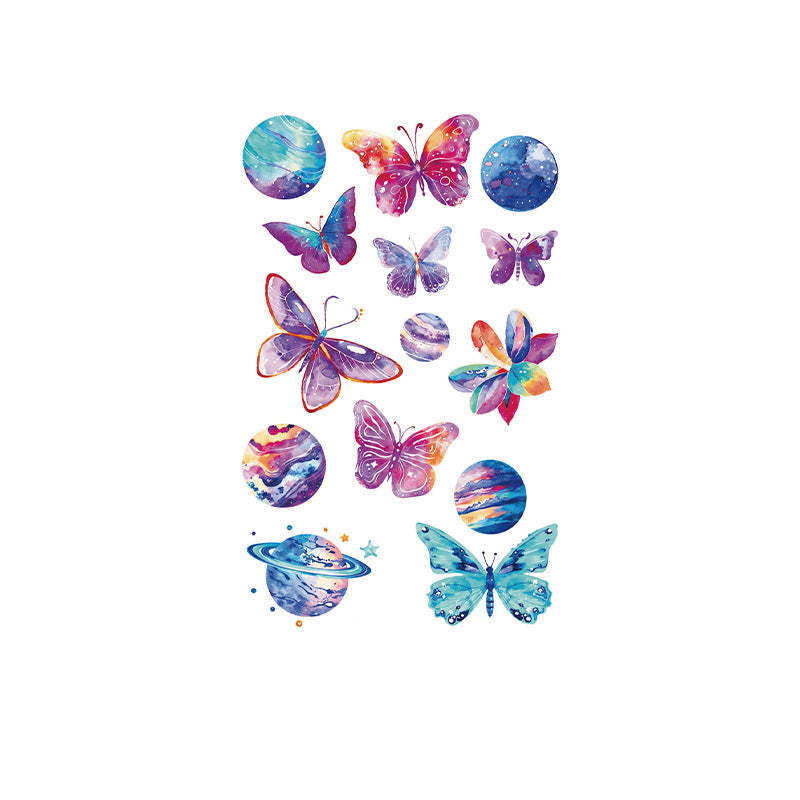 Butterfly and galaxy temporary tattoos – colorful watercolor butterflies and cosmic planet designs on 120×76mm tattoo sheet from TIDES.