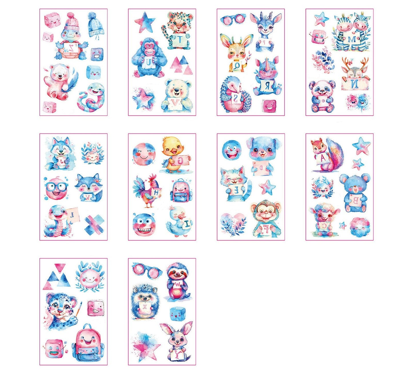 Set of 10 waterproof temporary tattoo sheets with watercolor-style animals and alphabet letters for kids – 120×76mm each, by TIDES.