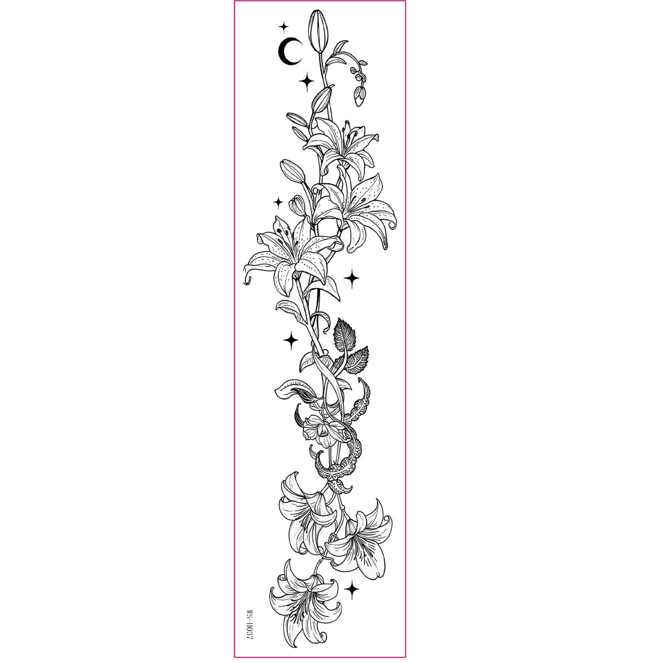 Black line floral temporary tattoo of a lily vine, 60mm x 230mm – elegant botanical design by TIDES