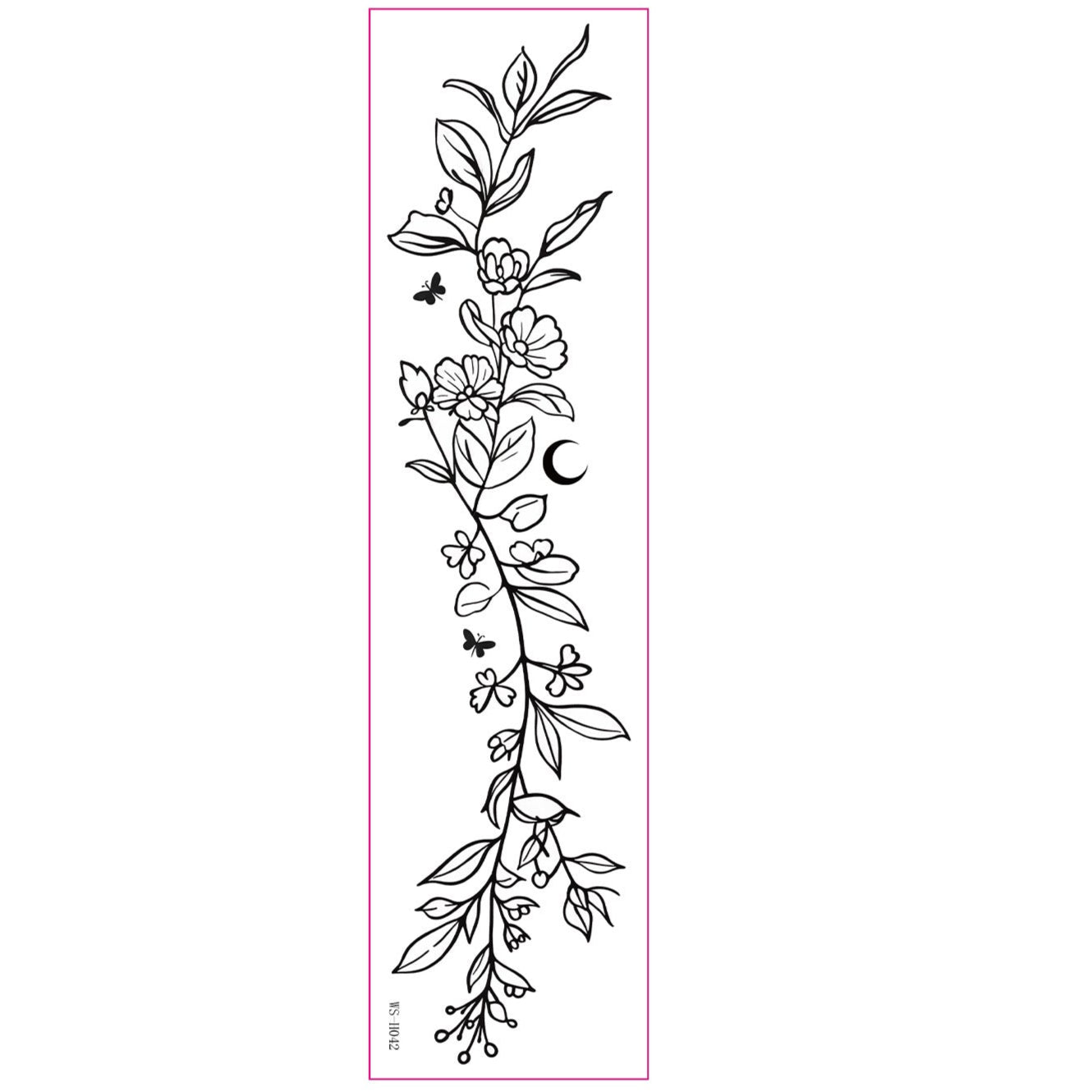 Black floral vine temporary tattoo with crescent moon and butterflies – nature-inspired design by TIDES