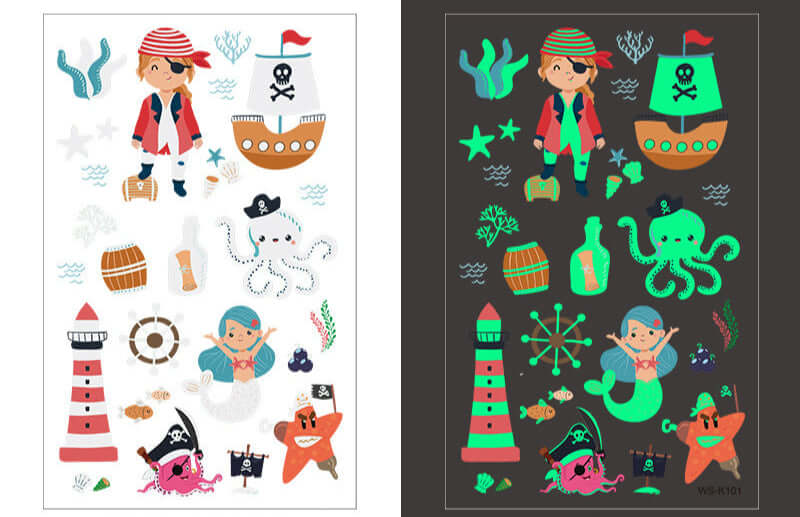 Glow-in-the-dark nautical and sea-themed cartoon tattoo sheet for kids, 120×76mm.
