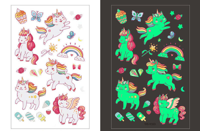 Glow-in-the-dark cartoon unicorn temporary tattoo sheet for kids, 120mm x 76mm