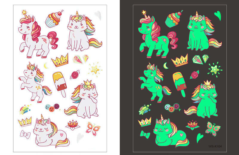 Glow-in-the-dark cartoon unicorn temporary tattoo sheet for kids, 120mm x 76mm.
