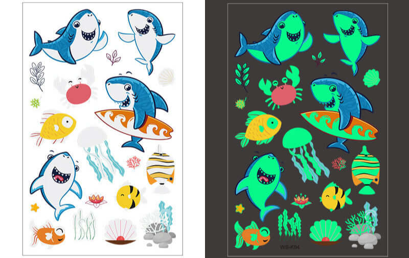 Cartoon sea creature glow-in-the-dark temporary tattoo sheet for kids, 120×76mm.