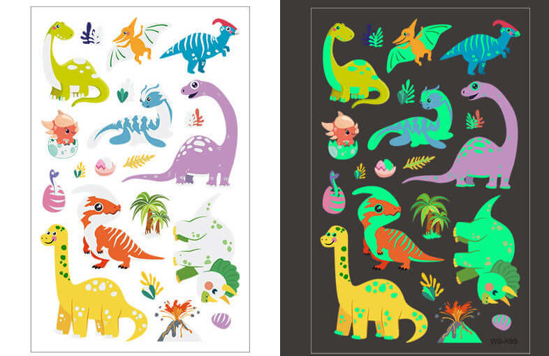 Cartoon dinosaur glow-in-the-dark temporary tattoo sheet for kids, 120×76mm.