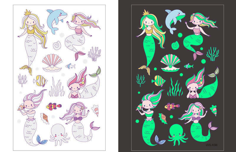 Mermaid and sea creatures glow-in-the-dark temporary tattoo sheet for kids, 120×76mm.