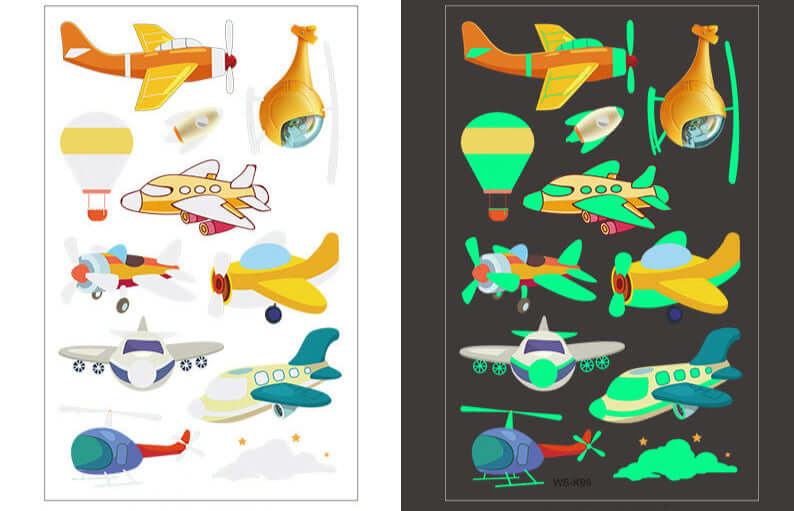 Glow-in-the-dark cartoon airplane and rocket tattoo sheet for kids, 120×76mm.