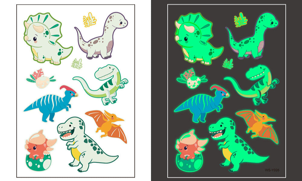 Temporary tattoo sheet with 6 colorful cartoon dinosaurs that glow in the dark, 110×75mm.