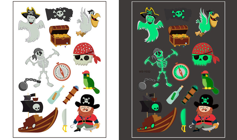 Temporary tattoo sheet with cartoon pirates, ghost, treasure, and pirate ship in luminous style, 110×75mm.