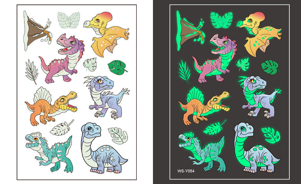 Temporary tattoo sheet with 6 colorful cartoon dinosaurs that glow in the dark, 110×75mm.