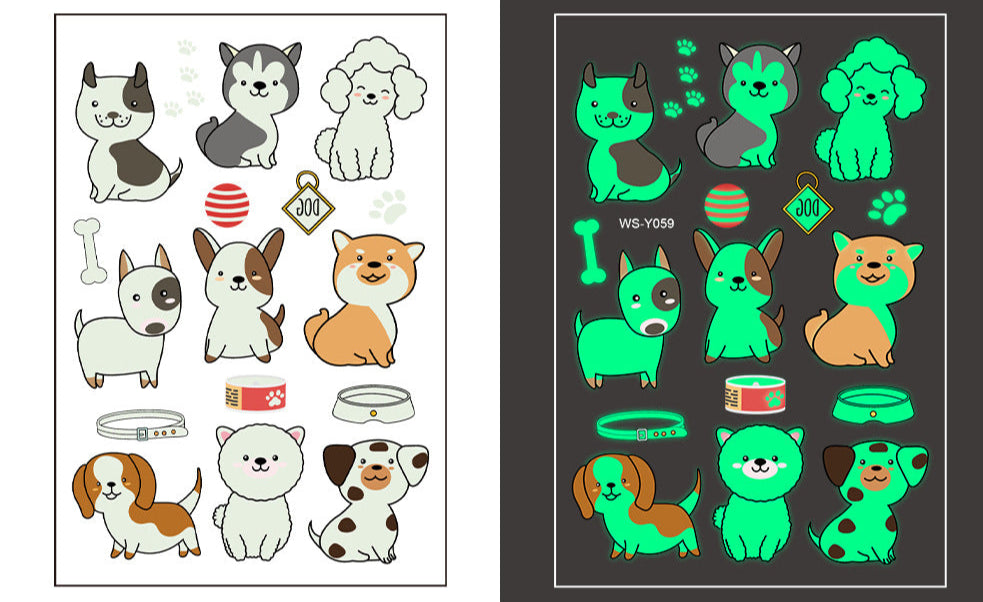 Temporary tattoo sheet with cartoon puppies and pet items, glow-in-the-dark, 110×75mm.