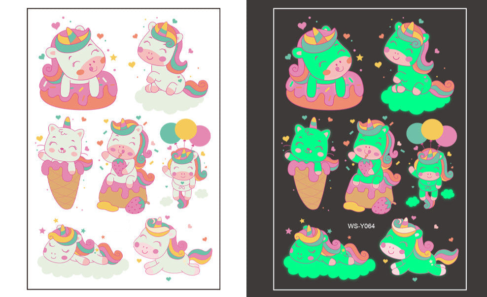 Cartoon-style fantasy creature and dessert temporary tattoo sheet, glow-in-the-dark, 110×75mm.