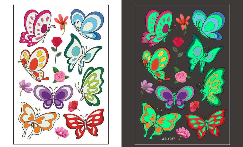 Glow-in-the-dark cartoon butterfly and flower temporary tattoo sheet for kids, 110×75mm.