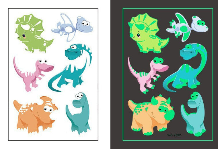 Temporary tattoo sheet with 6 colorful cartoon dinosaurs that glow in the dark, 110×75mm.
