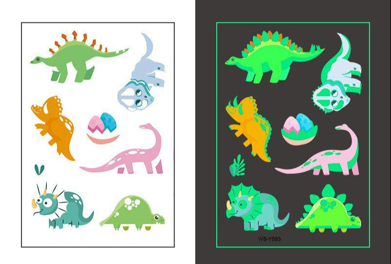 Temporary tattoo sheet with 6 colorful cartoon dinosaurs that glow in the dark, 110×75mm.