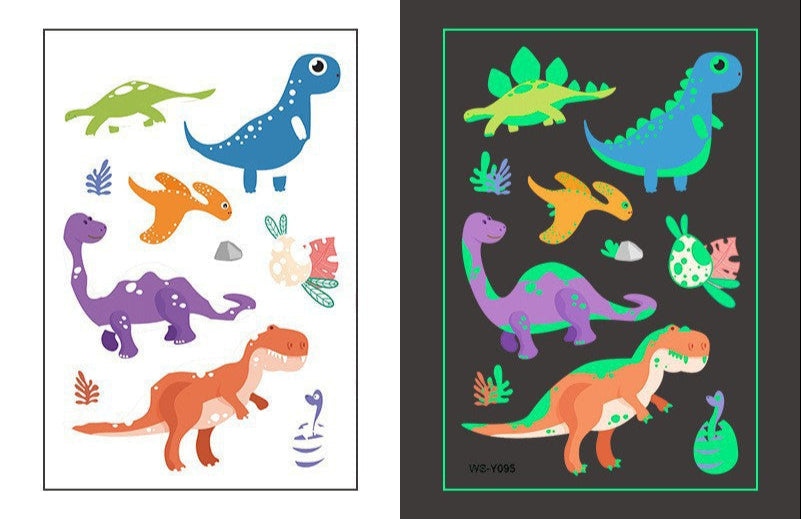 Temporary tattoo sheet with 6 colorful cartoon dinosaurs that glow in the dark, 110×75mm.