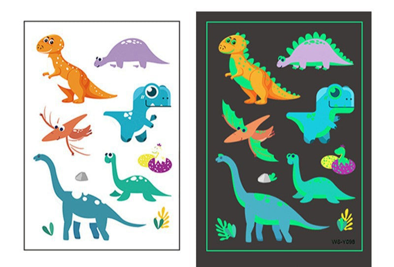 Temporary tattoo sheet with 6 colorful cartoon dinosaurs that glow in the dark, 110×75mm.