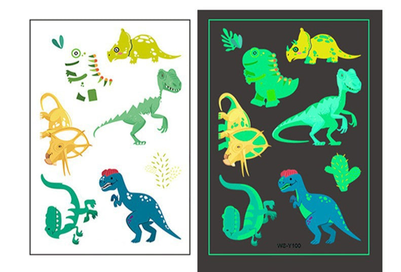 Temporary tattoo sheet with 6 colorful cartoon dinosaurs that glow in the dark, 110×75mm.