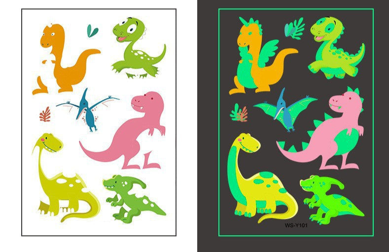 Temporary tattoo sheet with 6 colorful cartoon dinosaurs that glow in the dark, 110×75mm.