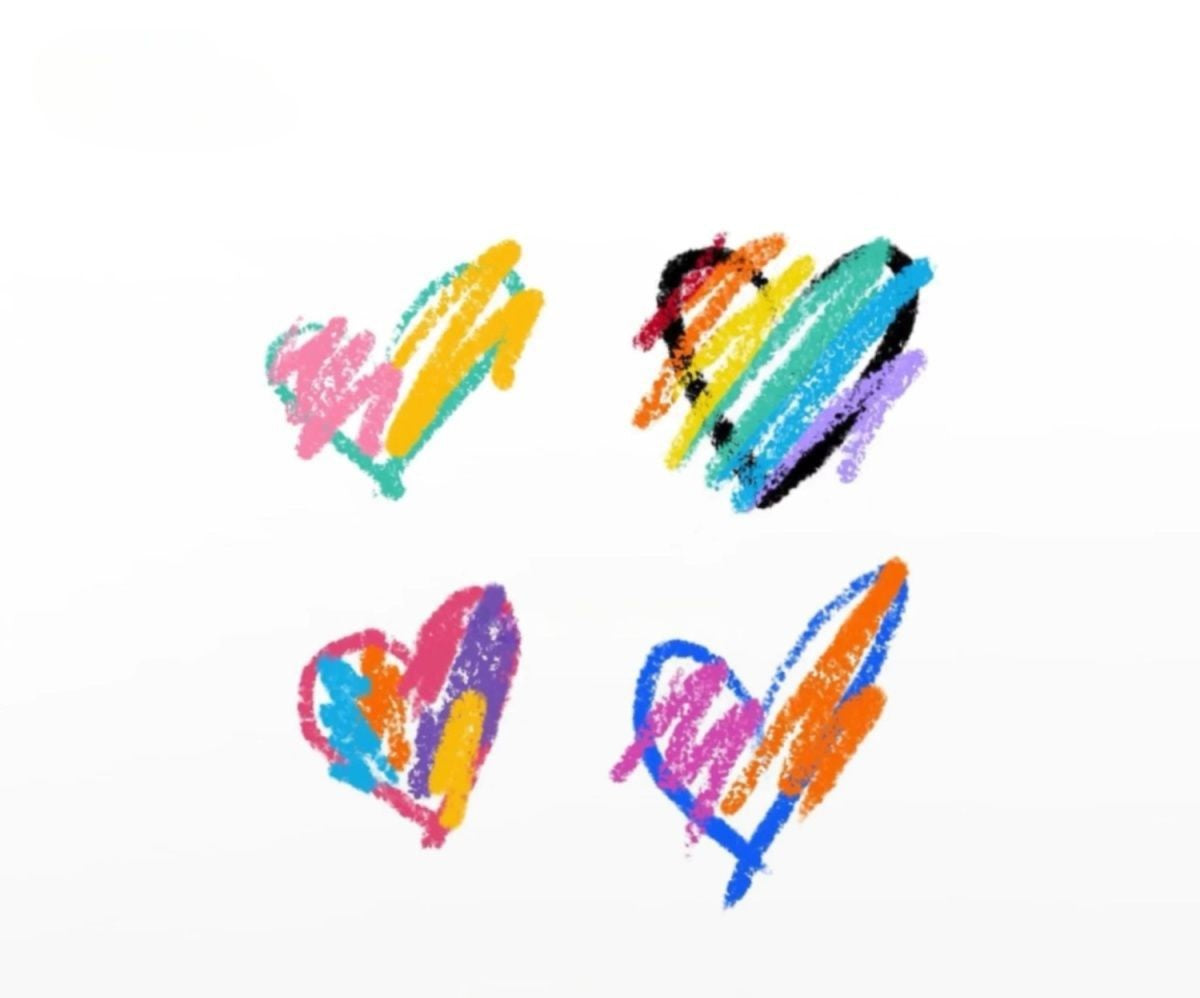 Set of 4 colorful scribble heart temporary tattoos (30×25mm each) — multicolored crayon-style waterproof designs by TIDES.