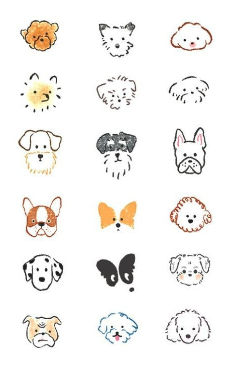 Colourful puppy face temporary tattoo set – 20pcs (25×20mm each) featuring cute dog breed illustrations by TIDES.
