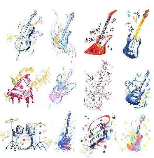 Watercolor-style temporary tattoos of musical instruments including guitar, piano, drums, and cello – 142×172mm sheet with 50×65mm designs.