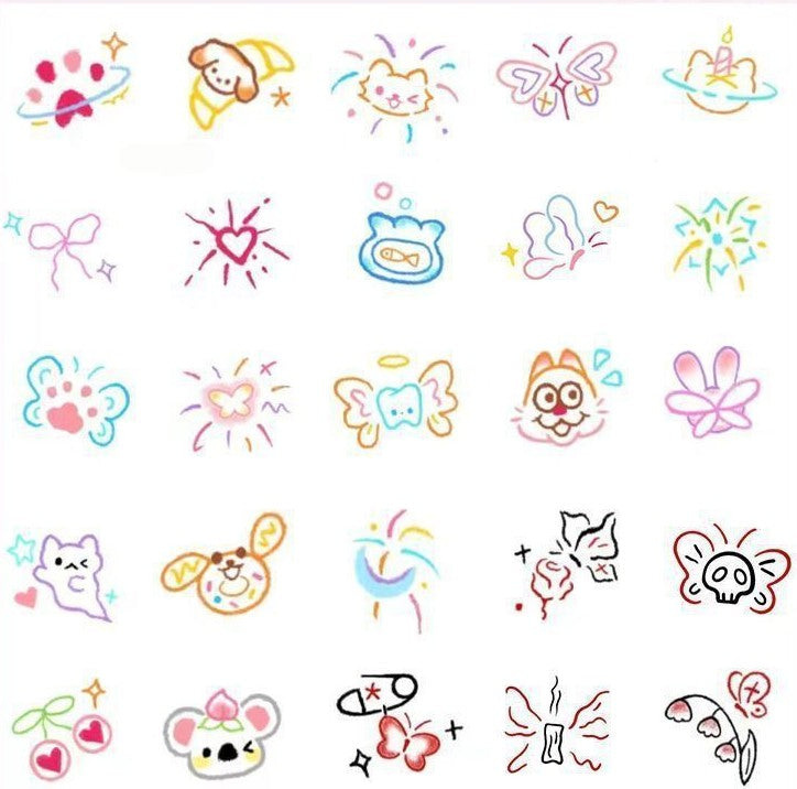 Kawaii-style temporary tattoo set – 20×20mm colourful outline designs featuring aliens, animals, hearts, bows, and fantasy icons by TIDES.