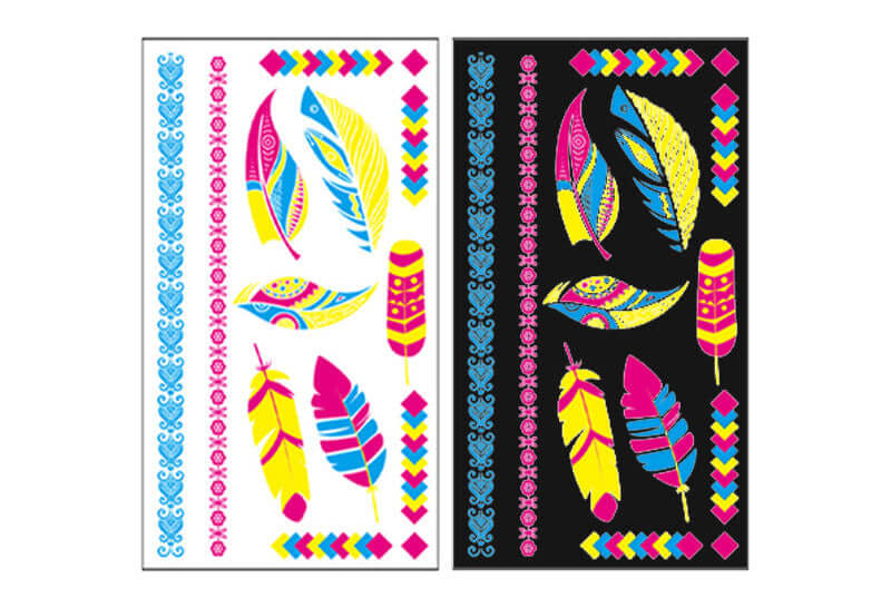 Glow-in-the-dark feather and tribal border temporary tattoo sheet, 172×96mm.