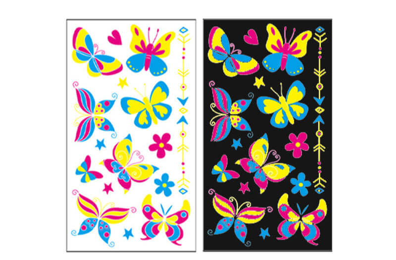 Glow-in-the-dark butterfly and decorative temporary tattoo sheet, 172×96mm.