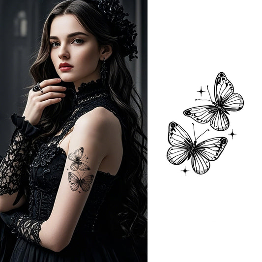 Black and white temporary tattoo of two butterflies with stars and sparkles (120×76mm) – whimsical line art by TIDES