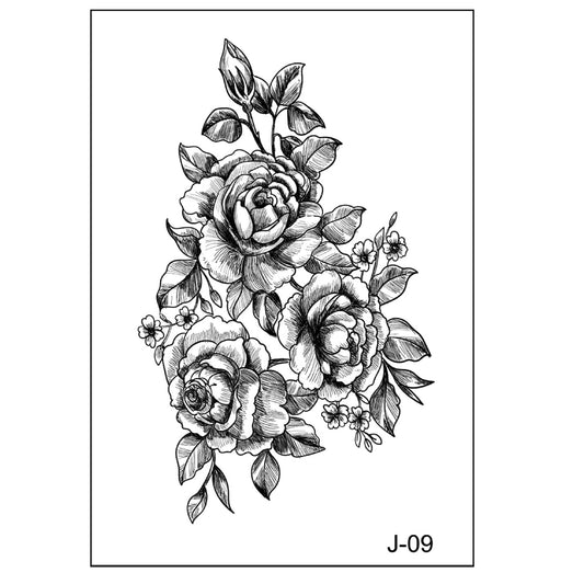 Black and white peony bouquet floral tattoo (105mmX60mm) – temporary botanical body sticker by TIDES
