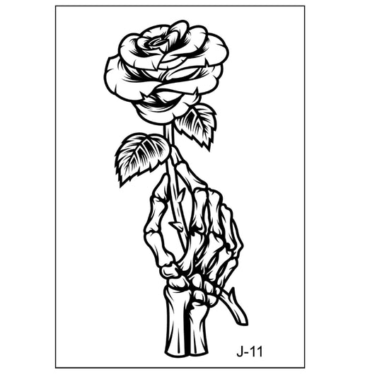 Black and white tattoo of a skeletal hand holding a spiral rose (105×60mm) – vintage anatomical line art by TIDES