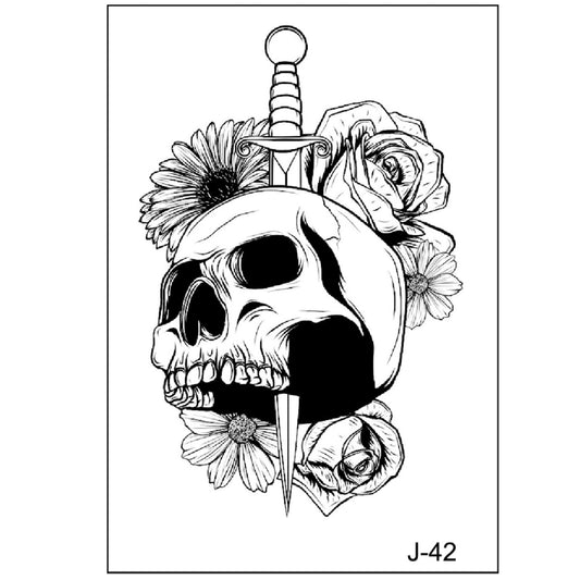 Black and white tattoo sticker of a skull pierced by a dagger surrounded by roses and flowers (105×60mm) – gothic floral line art design by TIDES