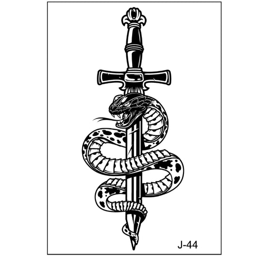 Black and white tattoo sticker of a snake coiled around a sword (105×60mm) – traditional line art design by TIDES